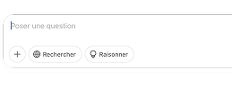 Interface de recherche IA avec options poser une question, rechercher et raisonner