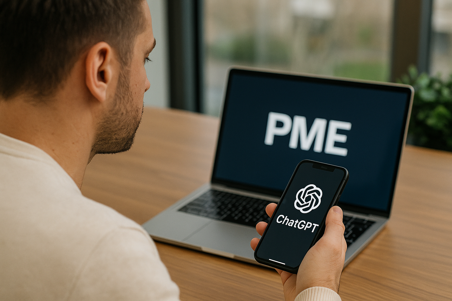 Entrepreneur utilisant ChatGPT sur smartphone et ordinateur portable avec mention PME, illustrant la formation en intelligence artificielle pour améliorer la productivité des employés et dirigeants de petites et moyennes entreprises.