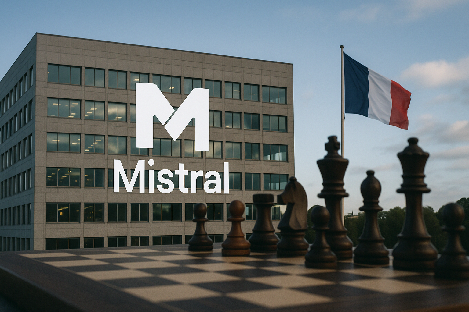 Mistral AI, entreprise française d’intelligence artificielle, bâtiment avec drapeau français et échiquier symbolisant la stratégie et la compétition mondiale de l’IA