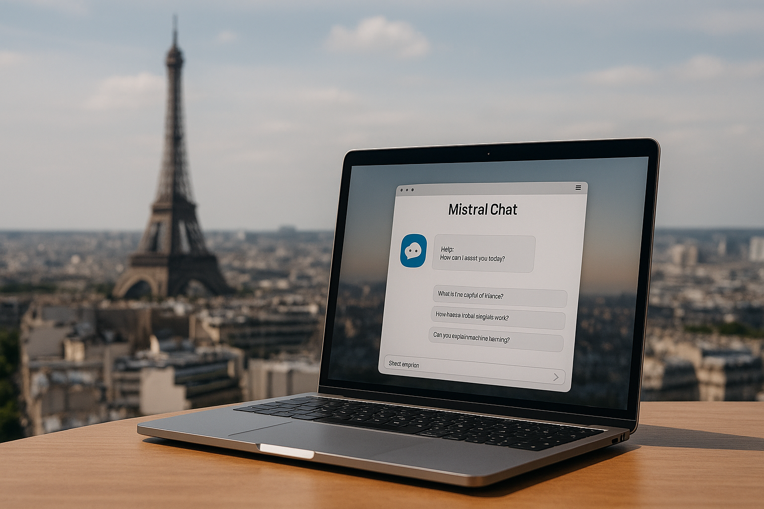Mistral Chat, chatbot d’intelligence artificielle française, ordinateur portable à Paris avec la Tour Eiffel en arrière-plan