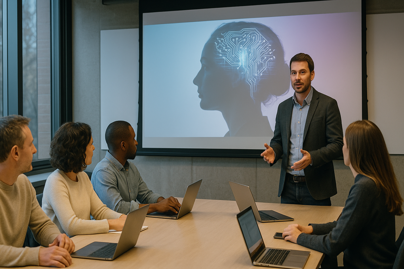 Formation IA générative en entreprise – manager présentant l’intelligence artificielle à une équipe de collaborateurs avec ordinateurs portables