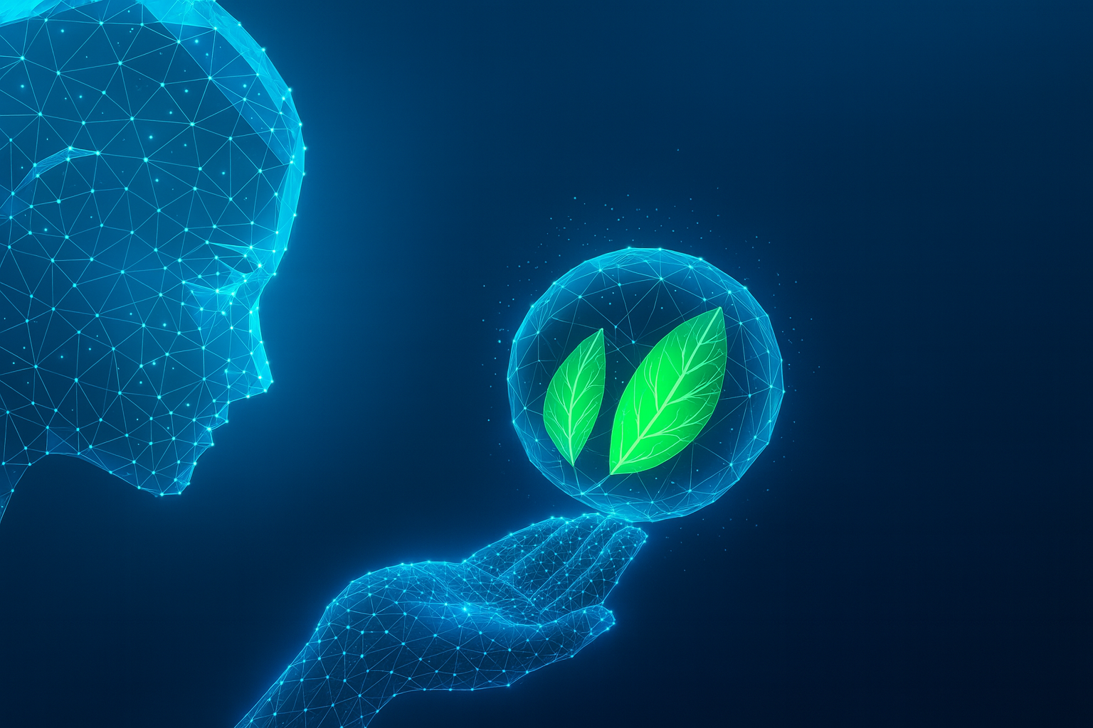 Illustration numérique représentant l’intelligence artificielle soutenant l’écologie : une silhouette en maillage bleu regarde une sphère avec deux feuilles vertes, symbole de développement durable et de l’IA au service de l’environnement.